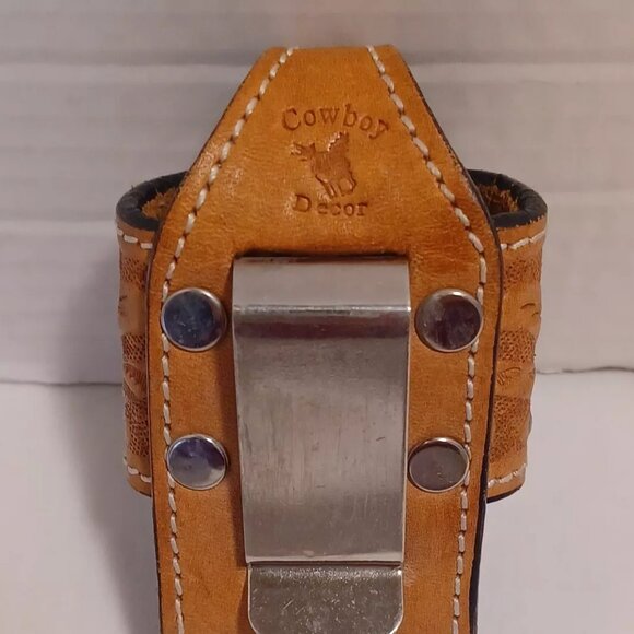 VTG Tooled Brown Tan Leather Western Cowboy Decor Flip Phone Holster Belt Clip - Picture 4 of 11